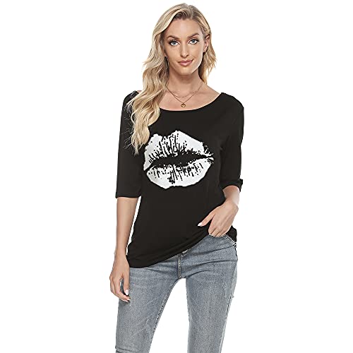 MAGICMK Women Casual Plus Size Lips Print Off Shoulder T-Shirt (S